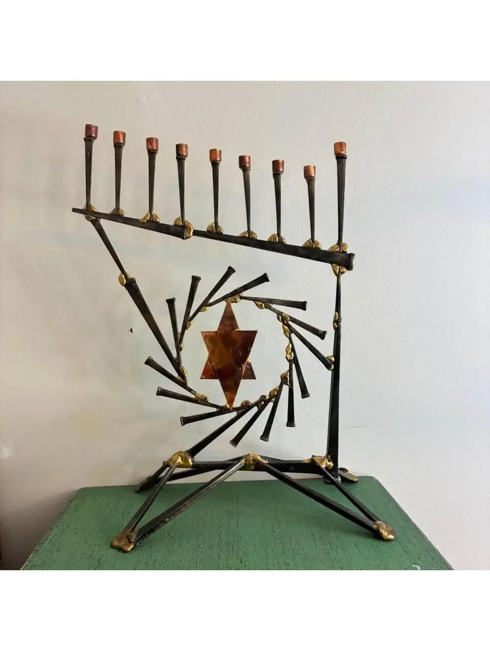 Vintage Brutalist Welded Metal Menorah Star Of David Judaica Candle Holder